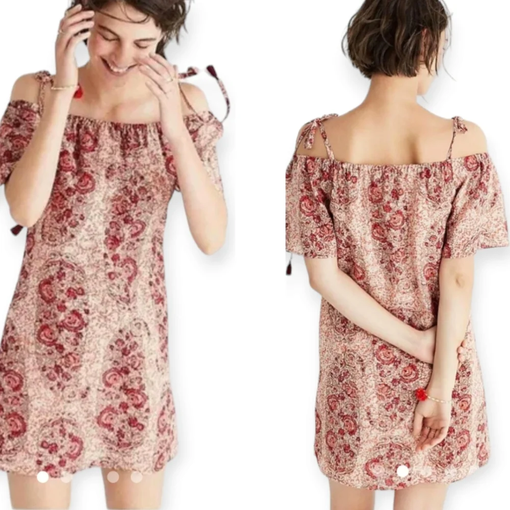 Madewell pink red cold shoulder paisley silk mini dress Women XLarge - Picture 1 of 7